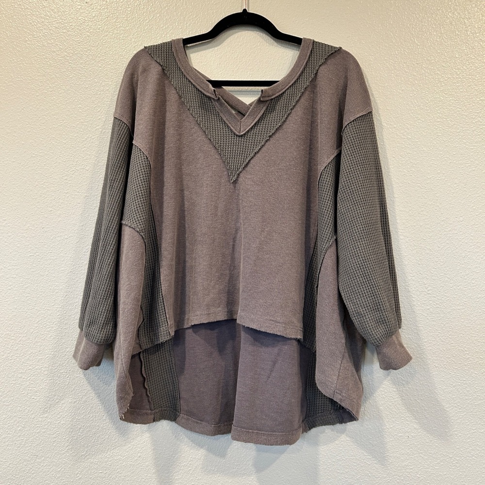 POL Womens‎ Mixed Media Waffle Knit Thermal Top Gray Mauve FKT437 Small